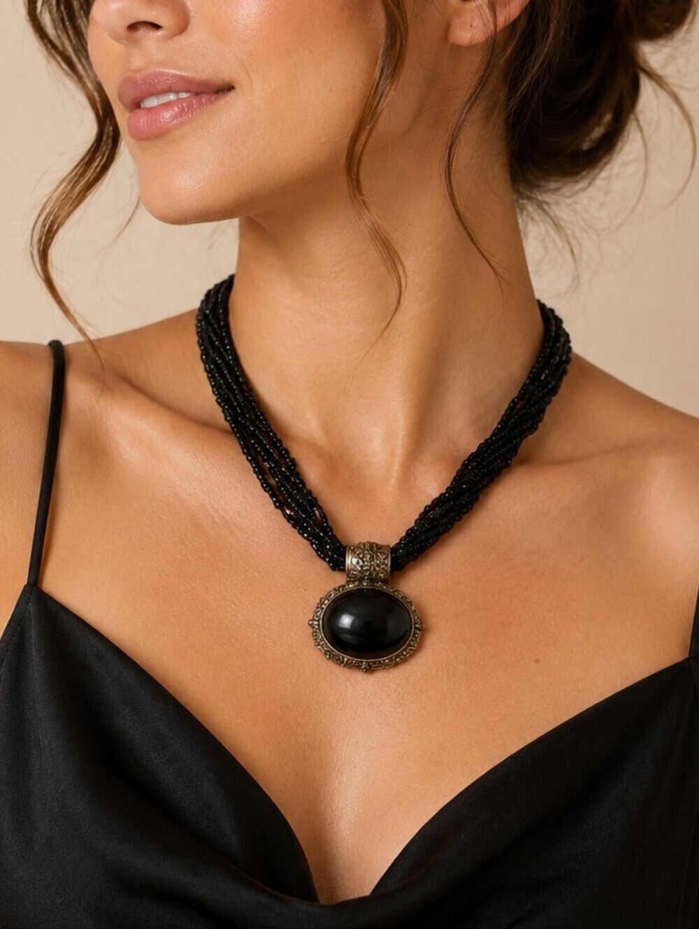 VTG Black Torsade Beaded Goth Pendant Necklace